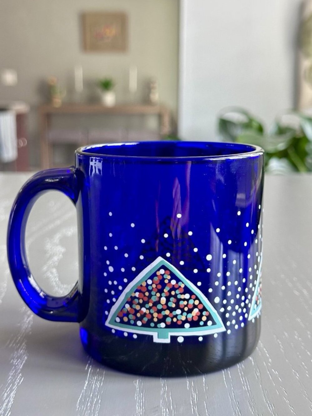 Vtg Libby x Dansk Winter Fest Coffee Mug Cobalt Blue Glass Christmas Tree 12oz